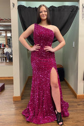 Fuchsia Sequin Prom Dress Long Mermaid Formal Dress Magenta One Shoulder - MyChicDress